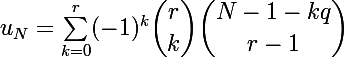 u_N=\Large\sum_{k=0}^r(-1)^k\dbinom{r}{k}\dbinom{N-1-kq}{r-1}